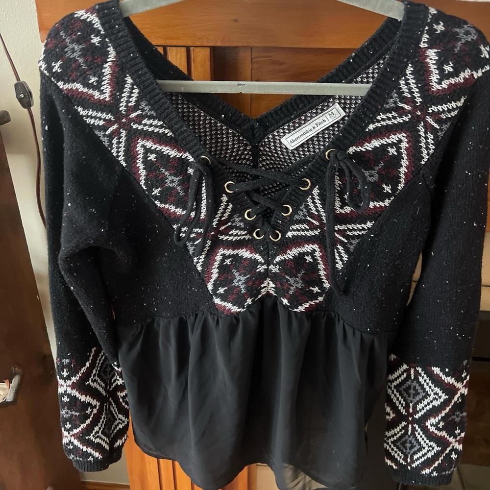 Abercrombie & Fitch Black Lace-Up Mixed-Media Sweater Top